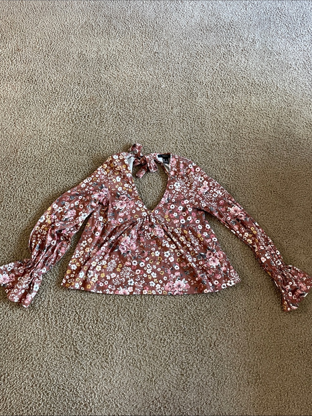 Floral Tie-Neck Long Sleeve Top in Rose Pink